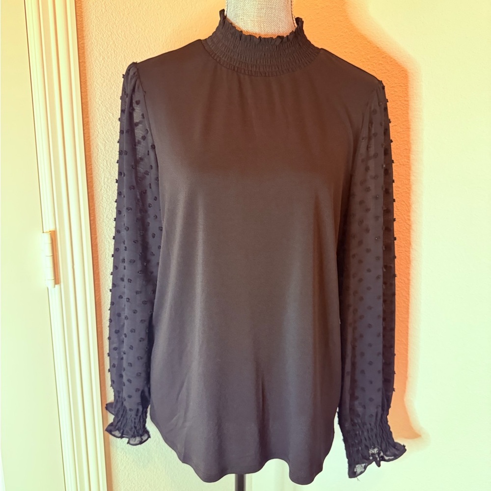 Adrianna Papell Black Sheer Sleeve Blouse | L